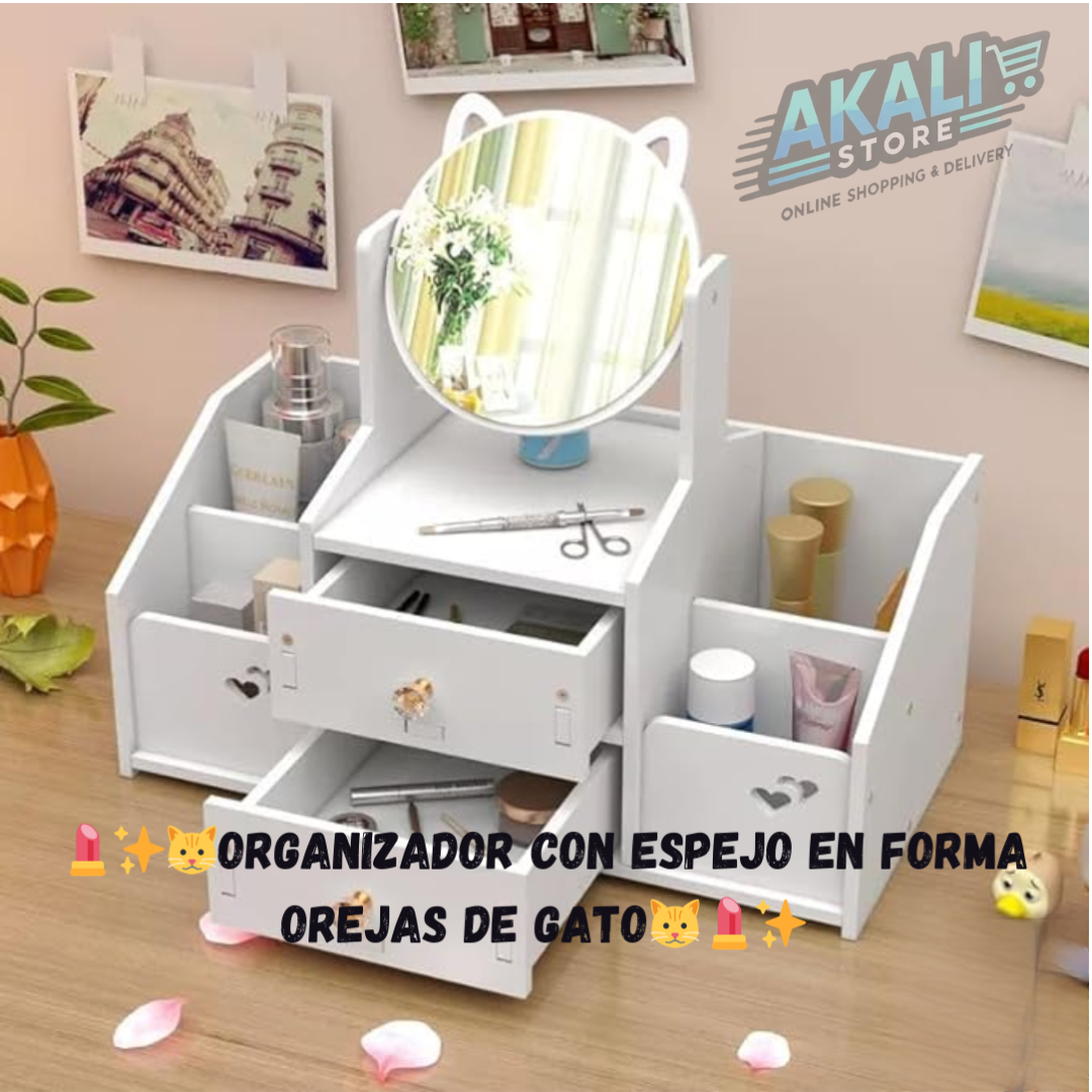 Akali Store™💄Organizador con Espejo en forma Orejas De Gato🧴